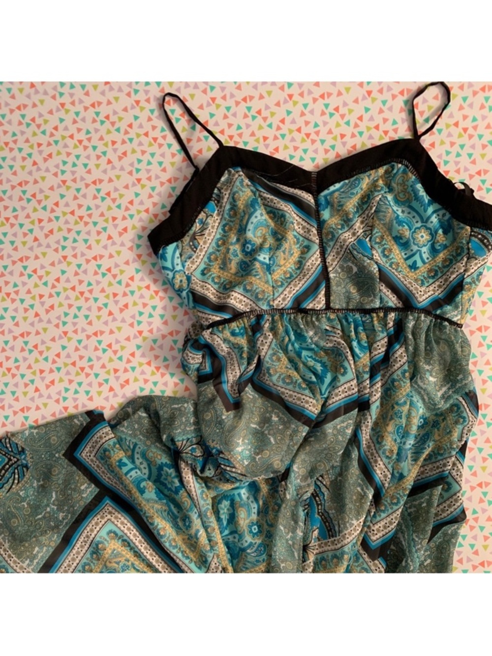 BISOU BISOU Michele Boho Teal Black Blue Green Tan Scarf Tile Print Size 2 - Picture 2 of 8